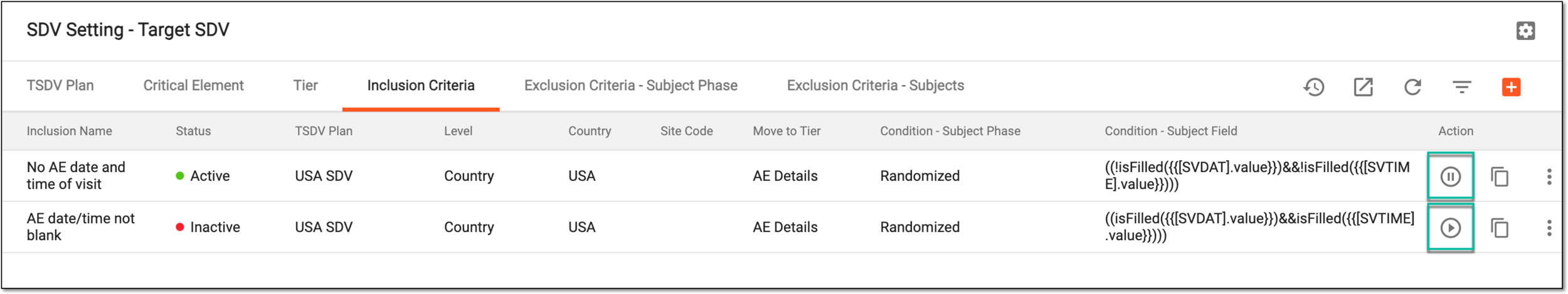 Activating/Inactivating inclusion criteria