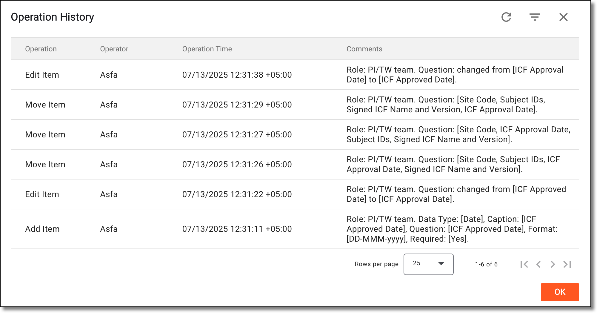 Analyzing operation history of question in ICF tracking template