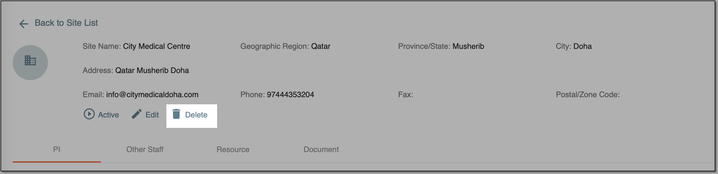 Deleting site from Details page