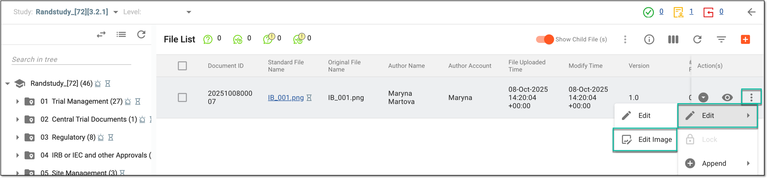 Selecting option to edit image in essential documents