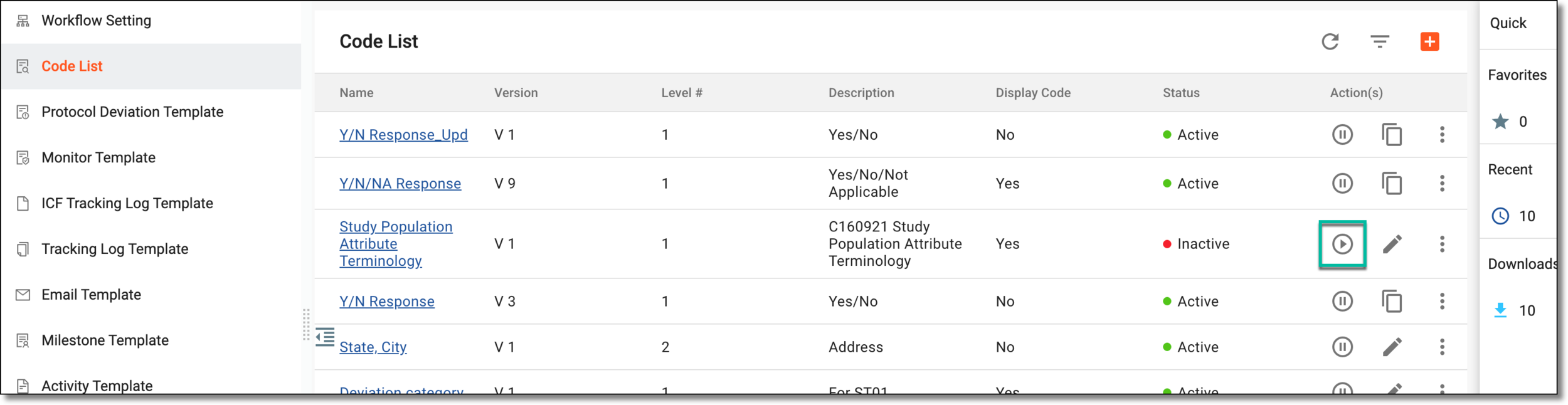 Activating code list