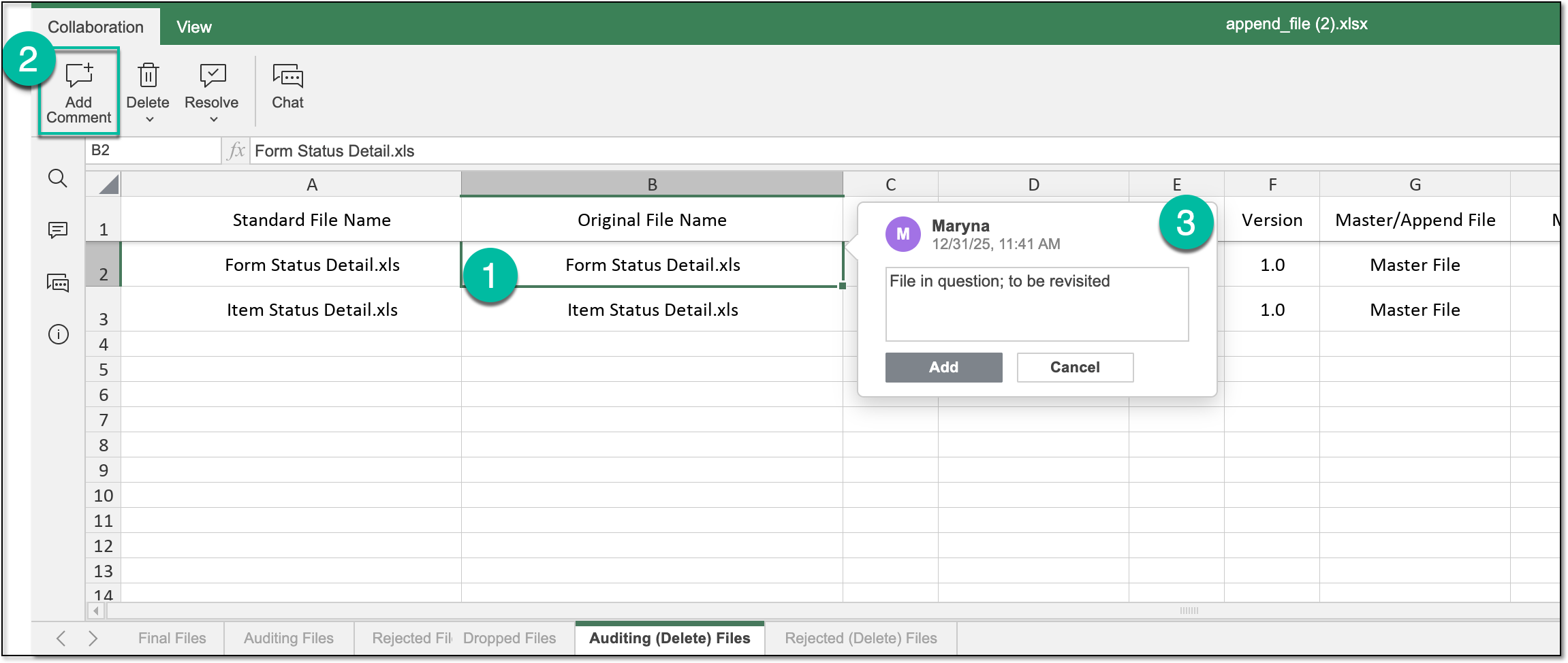 Example of commenting on Excel file content