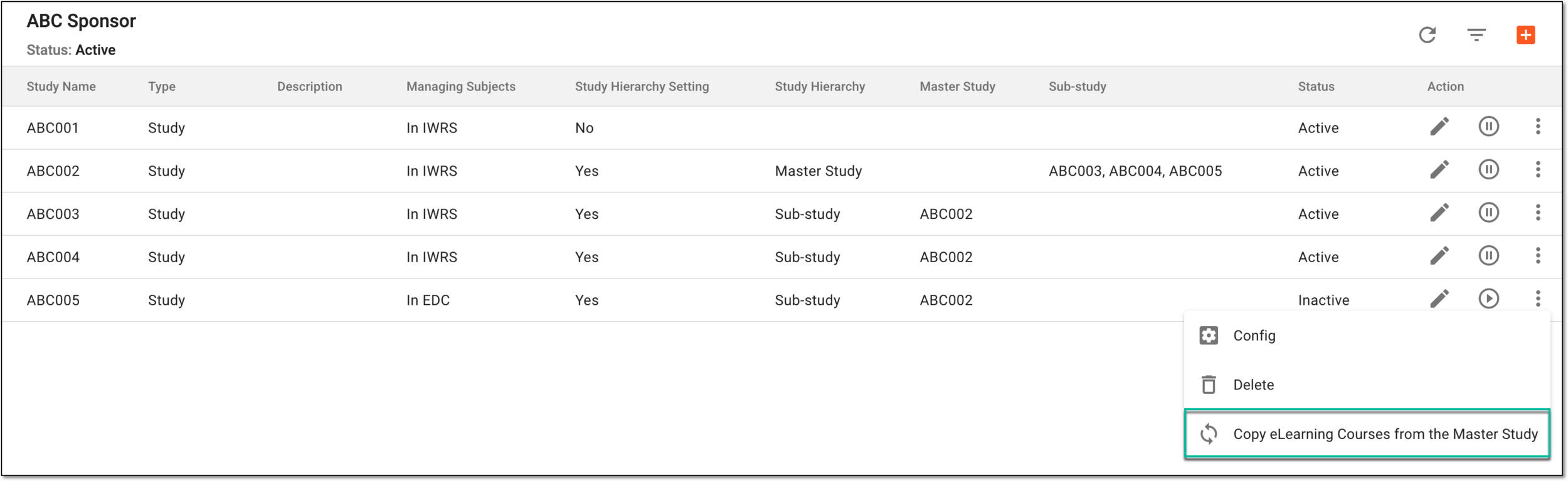 Selecting to copy eLearning courses from master study