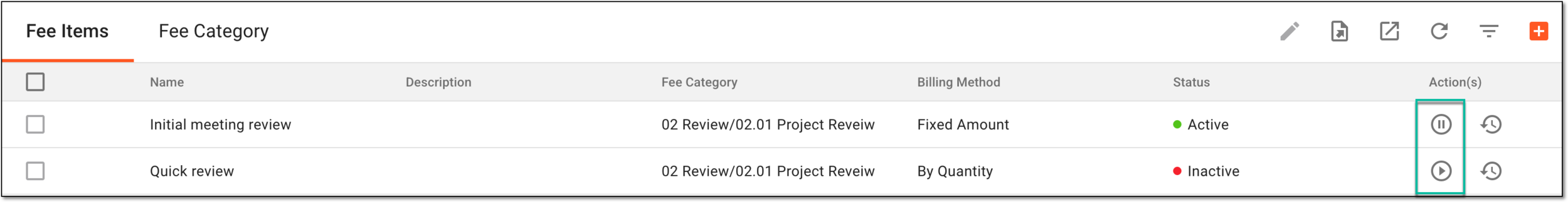 Selecting options to activate or inactivate fee item