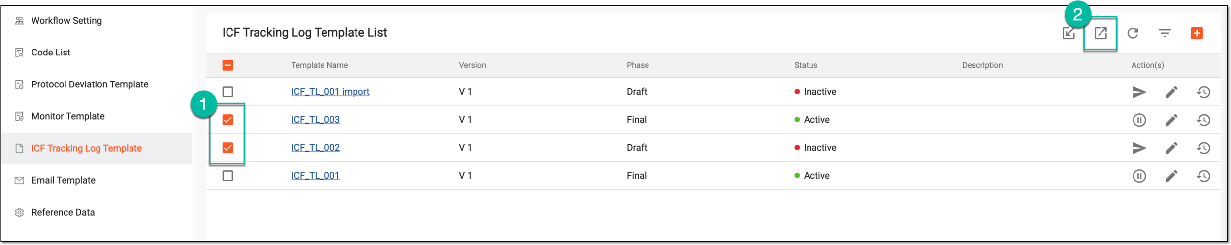 Exporting ICF tracking log template file
