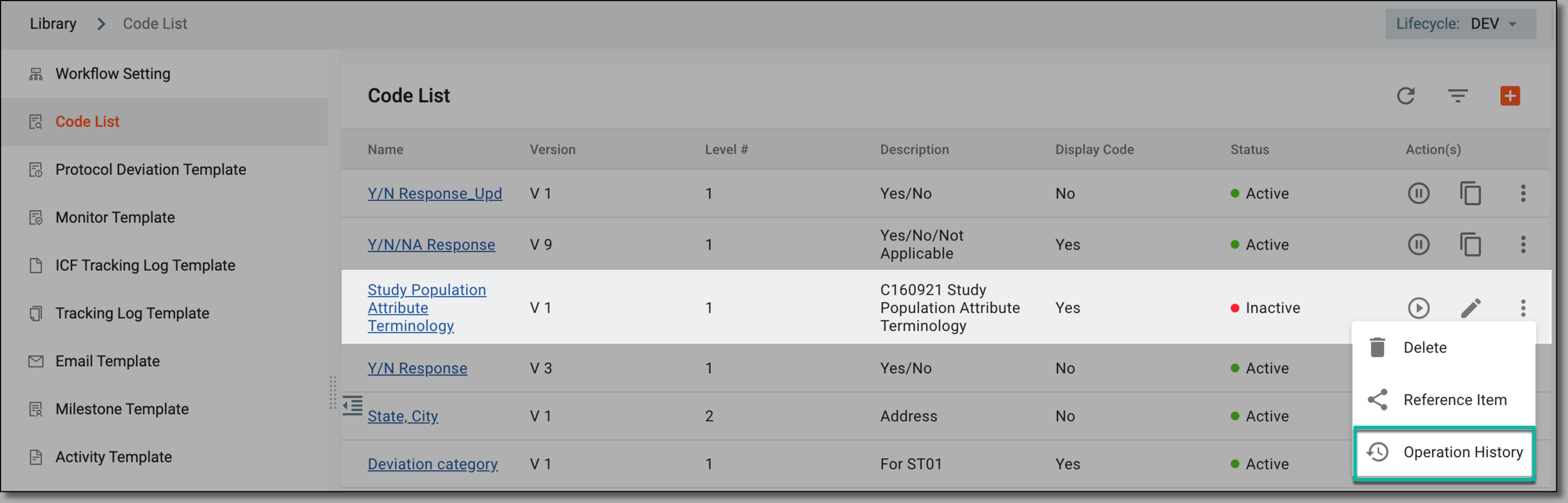 Accessing code list operation history