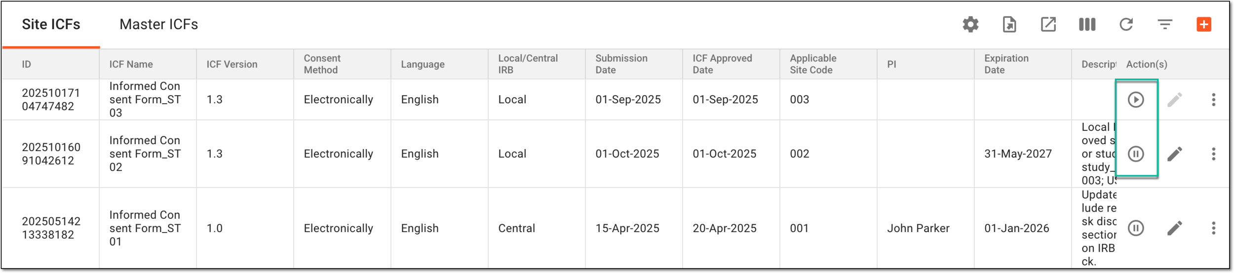 Selecting to activate or inactivate site ICF listing record