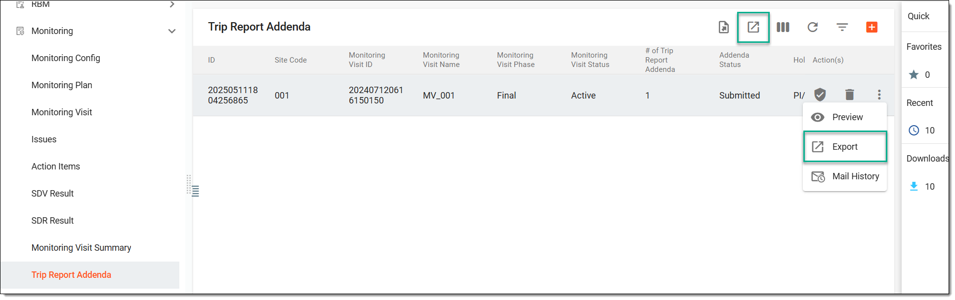 Choosing options to export trip report addenda