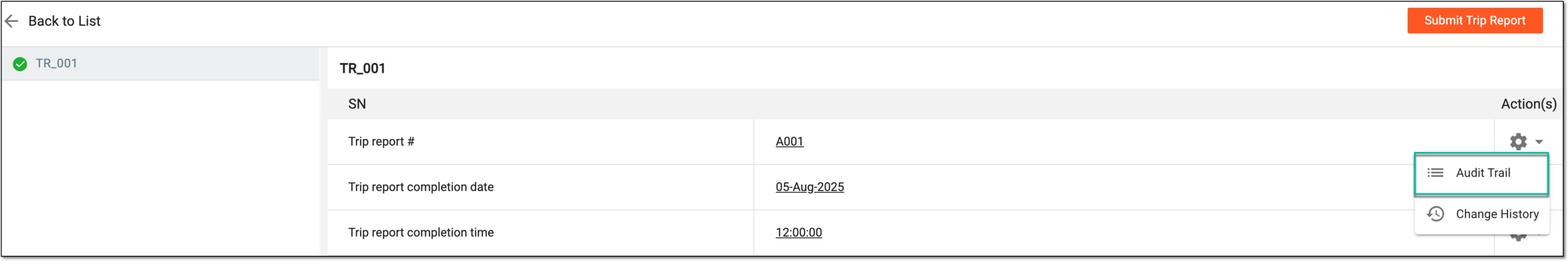 Accessing trip report record audit trail