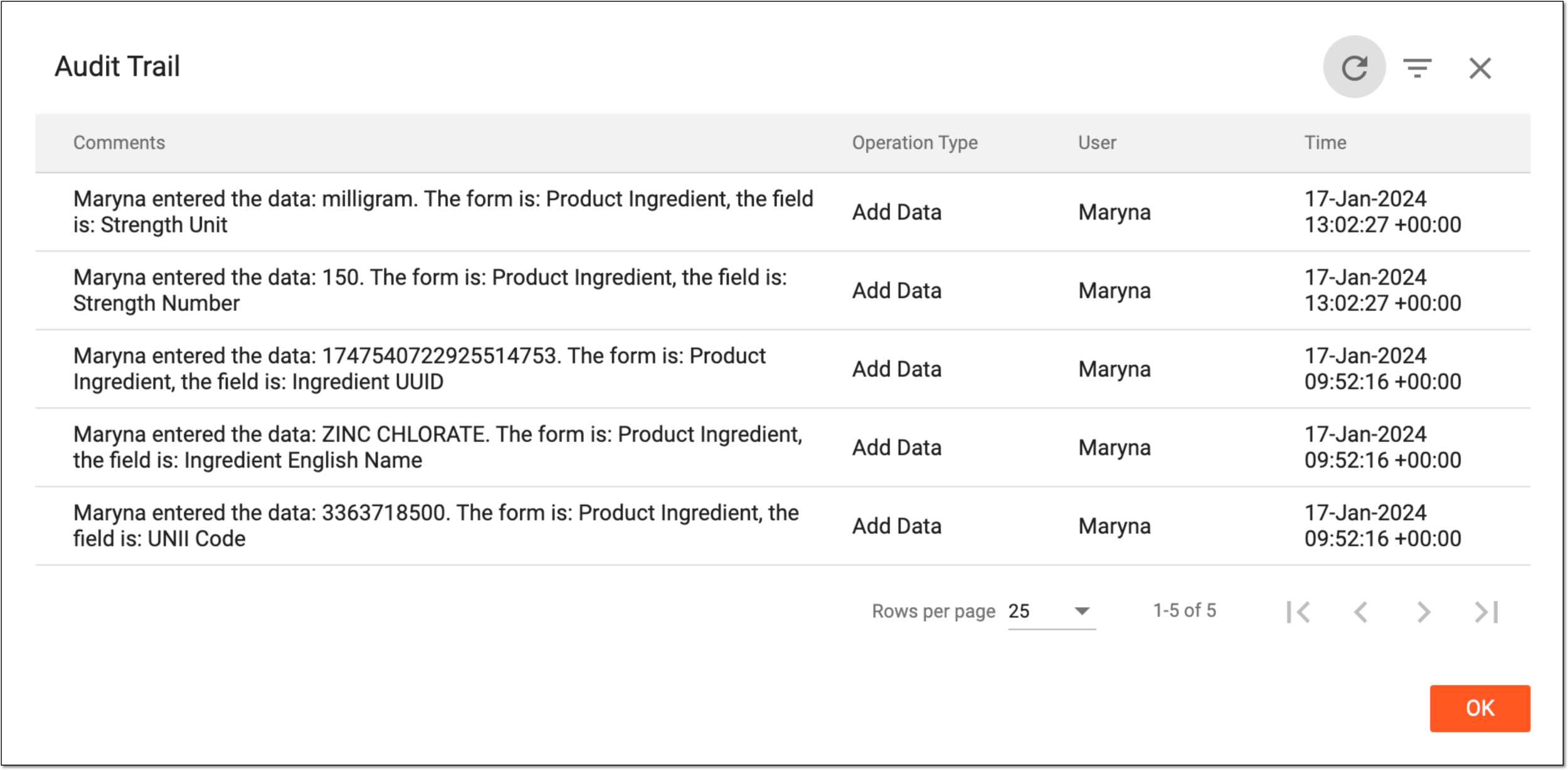 Viewing ingredient audit trail