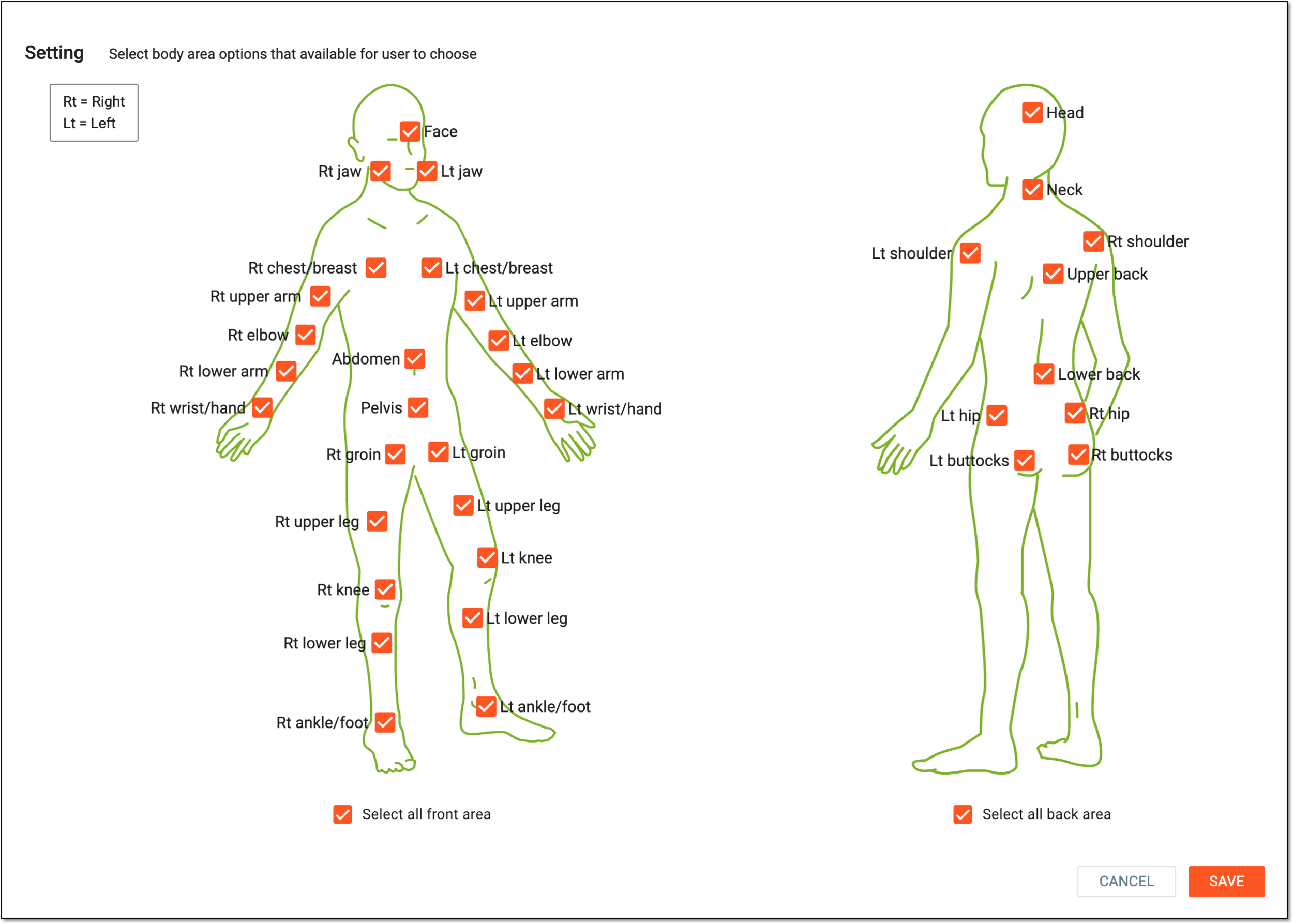 Setting available body image areas