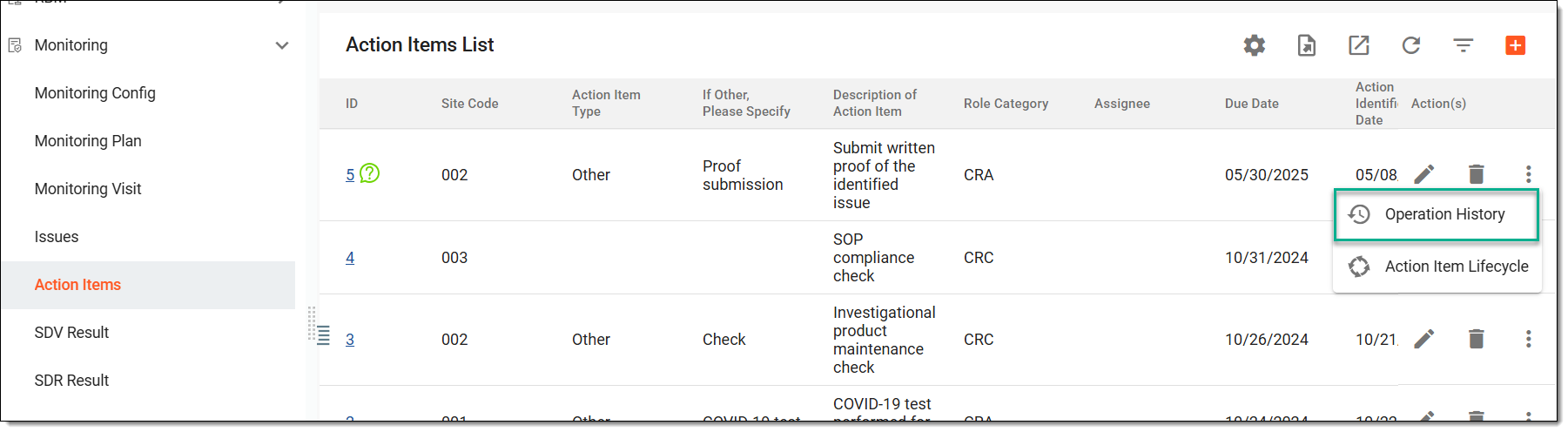 Accessing action item operation history