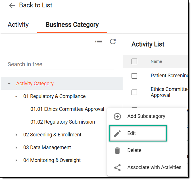 Selecting option to edit category