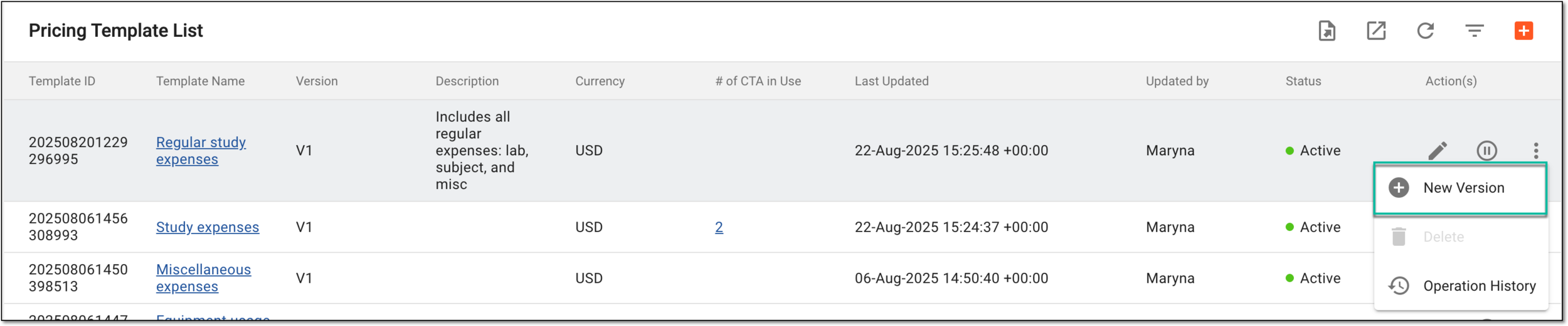 Selecting options to add new version of pricing template