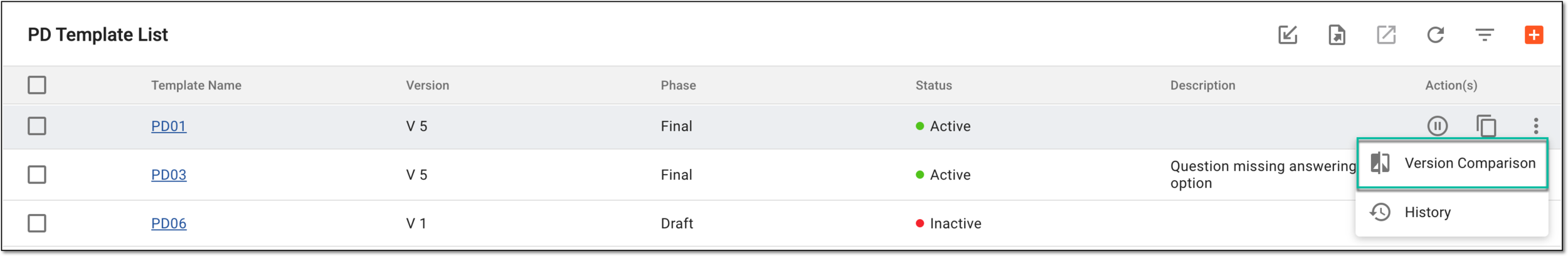 Accessing version comparison for PD template