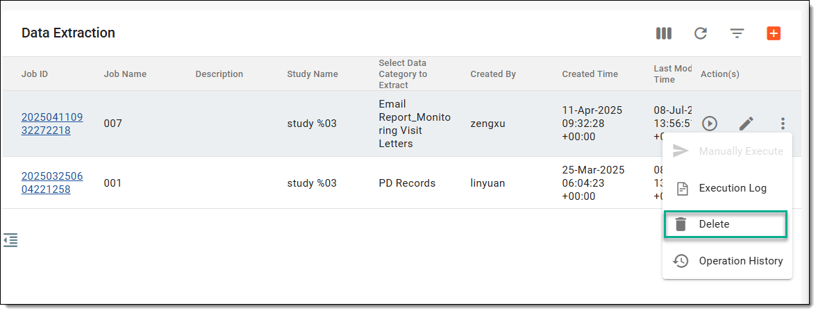 Deleting data extraction job