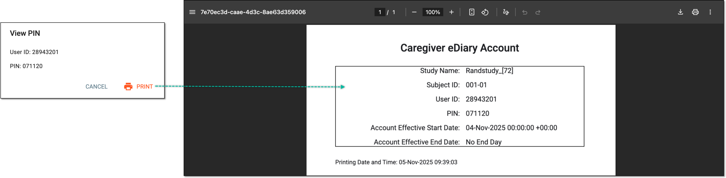 Printing user ID and PIN