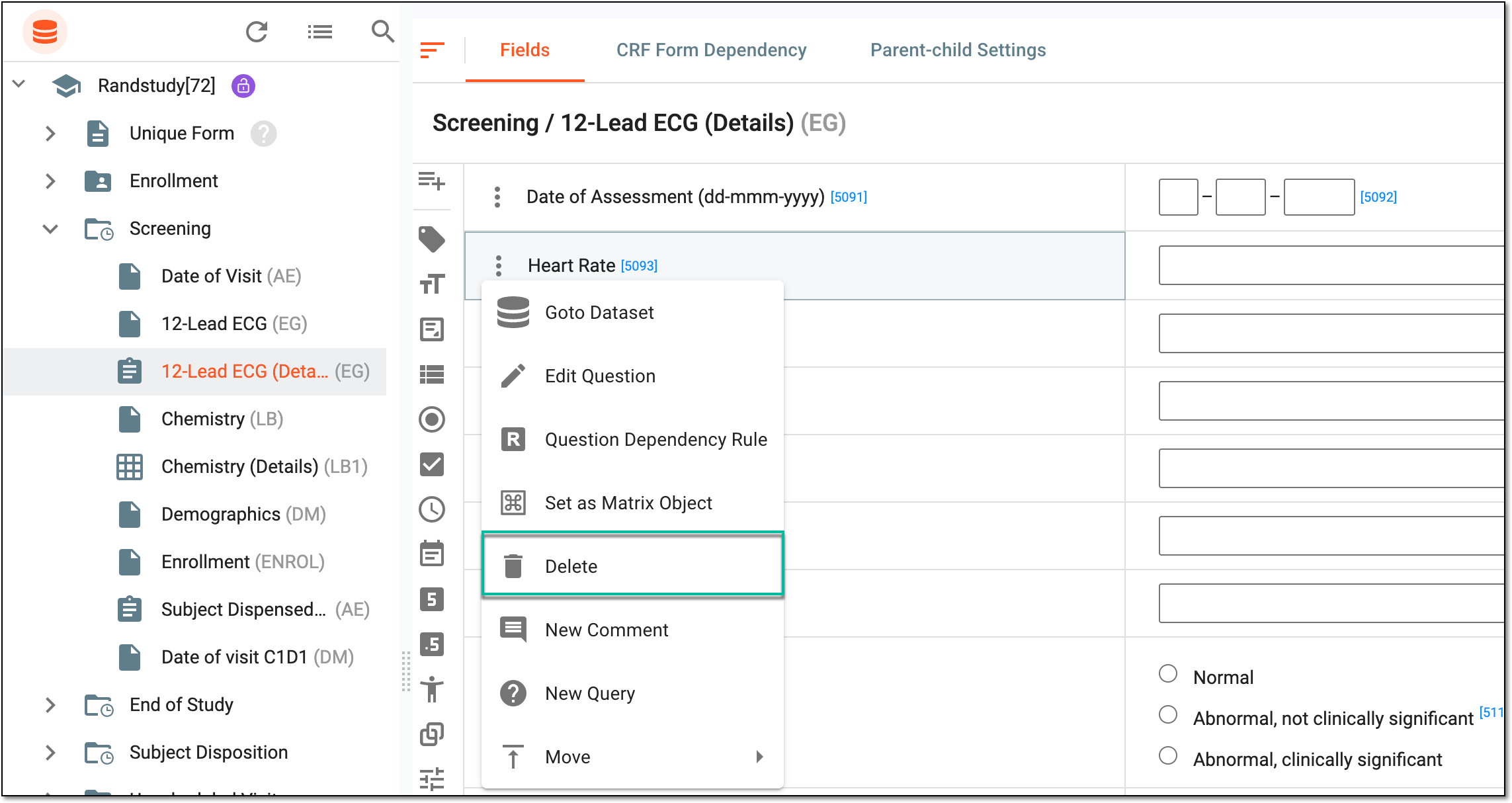 Selecting option to delete question