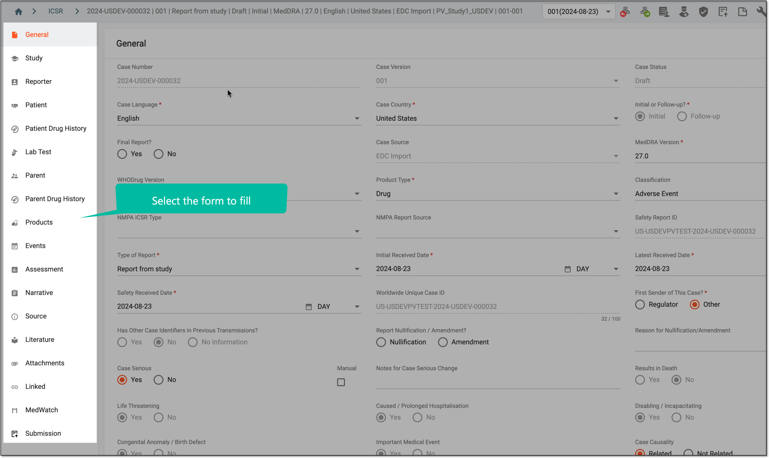 Selecting form to fill