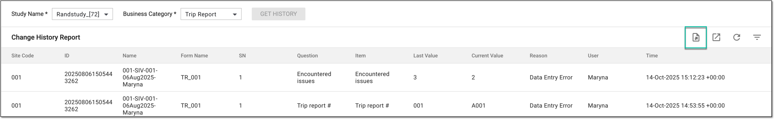 Accessing export history for change history report