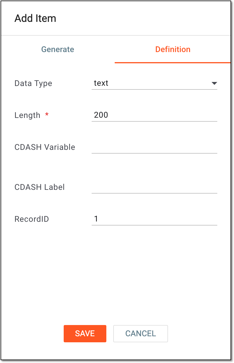 Specifying variable definition for item