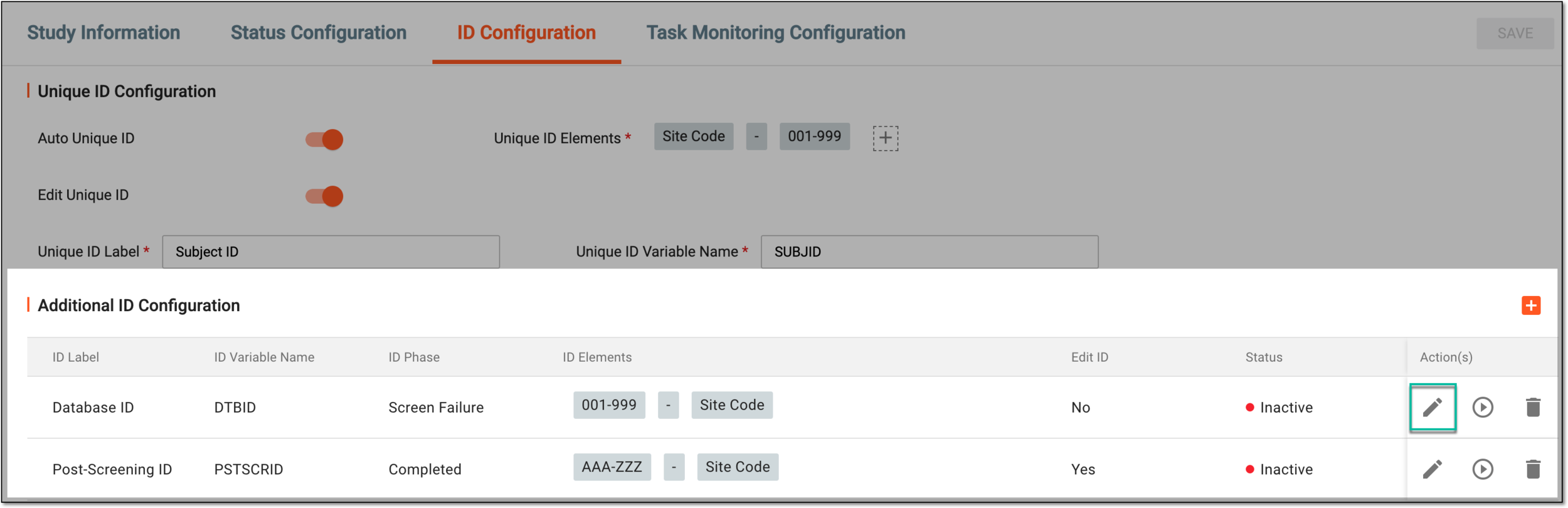 Selecting option to edit additional ID