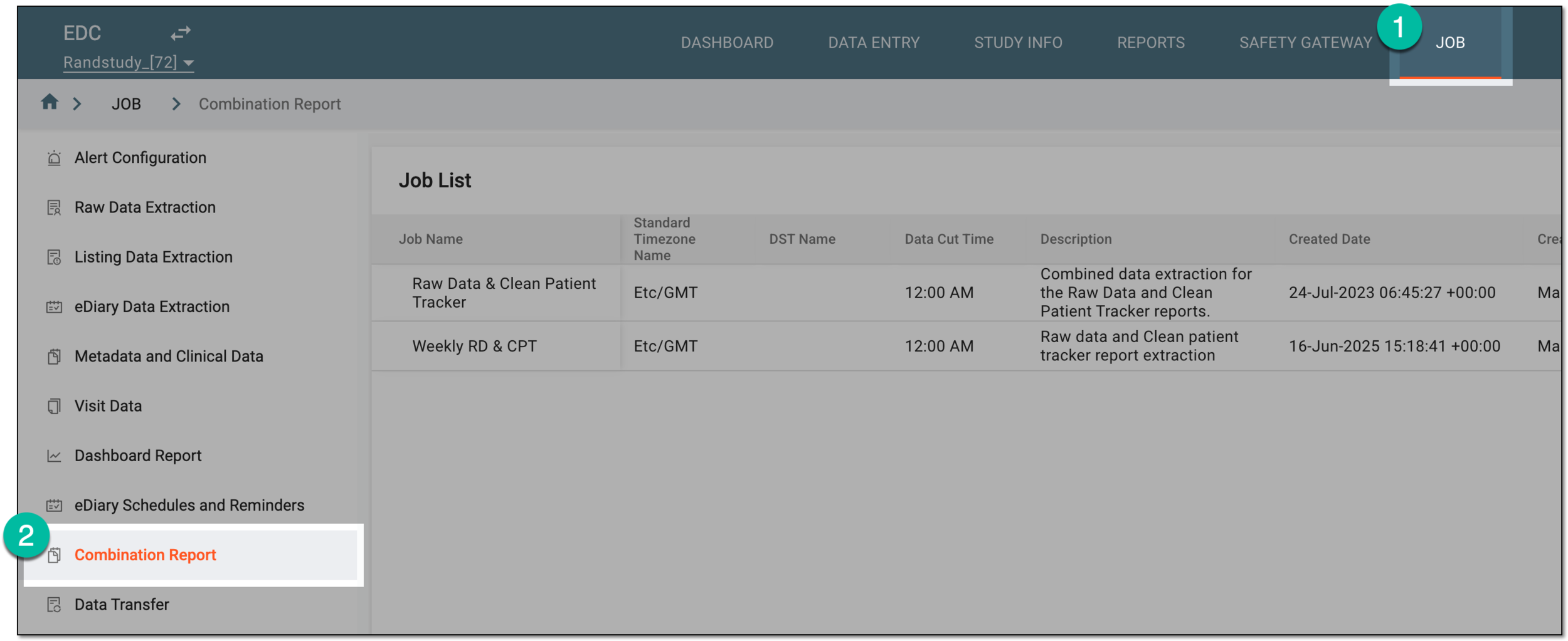 Accessing combination report extraction jobs