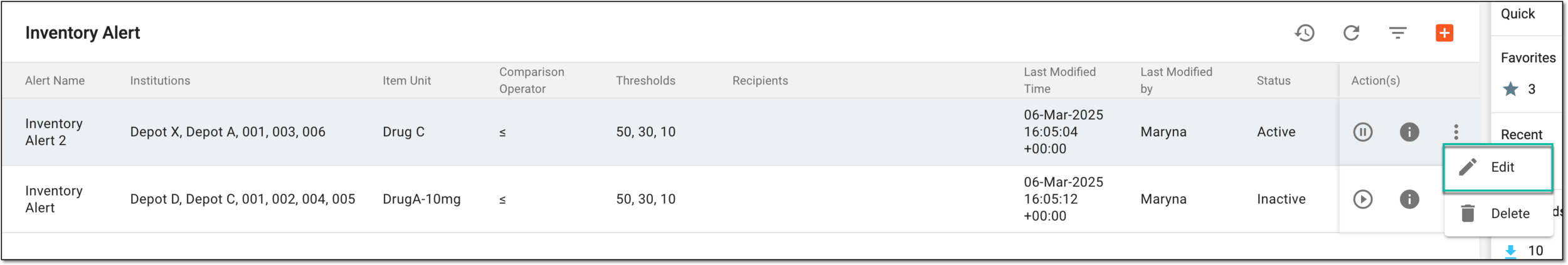 Selecting option to edit inventory alert