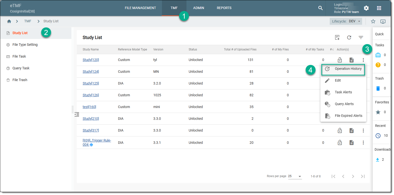 Accessing study operation history
