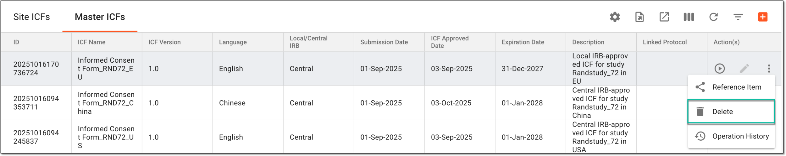 Deleting master ICF listing record