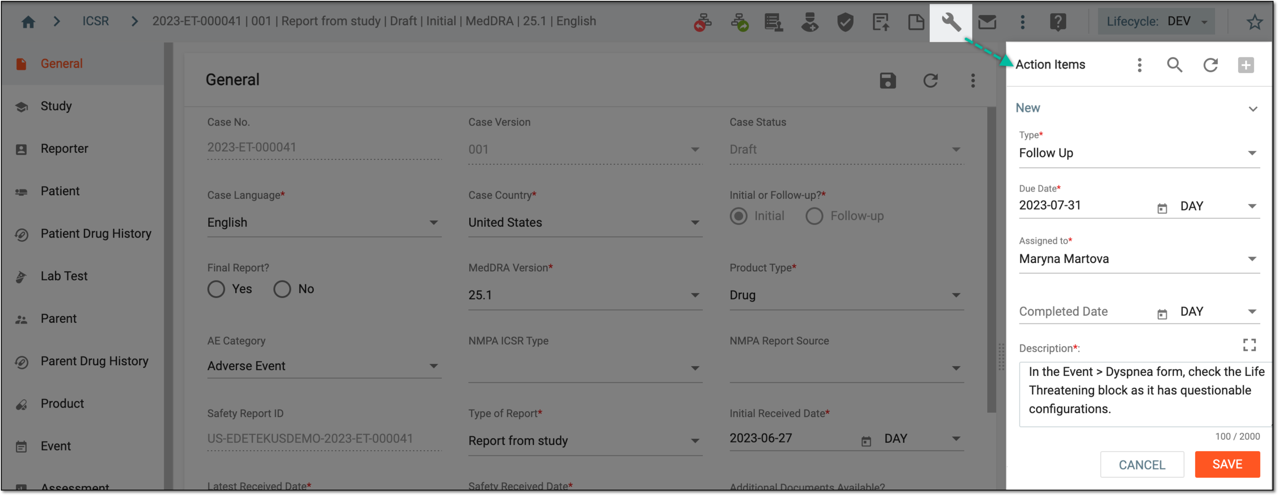 Adding action item