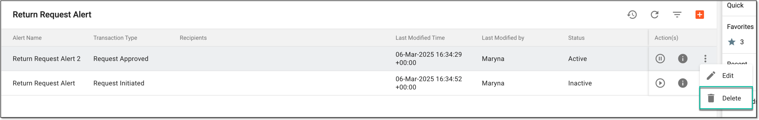 Selecting option to delete return request alert