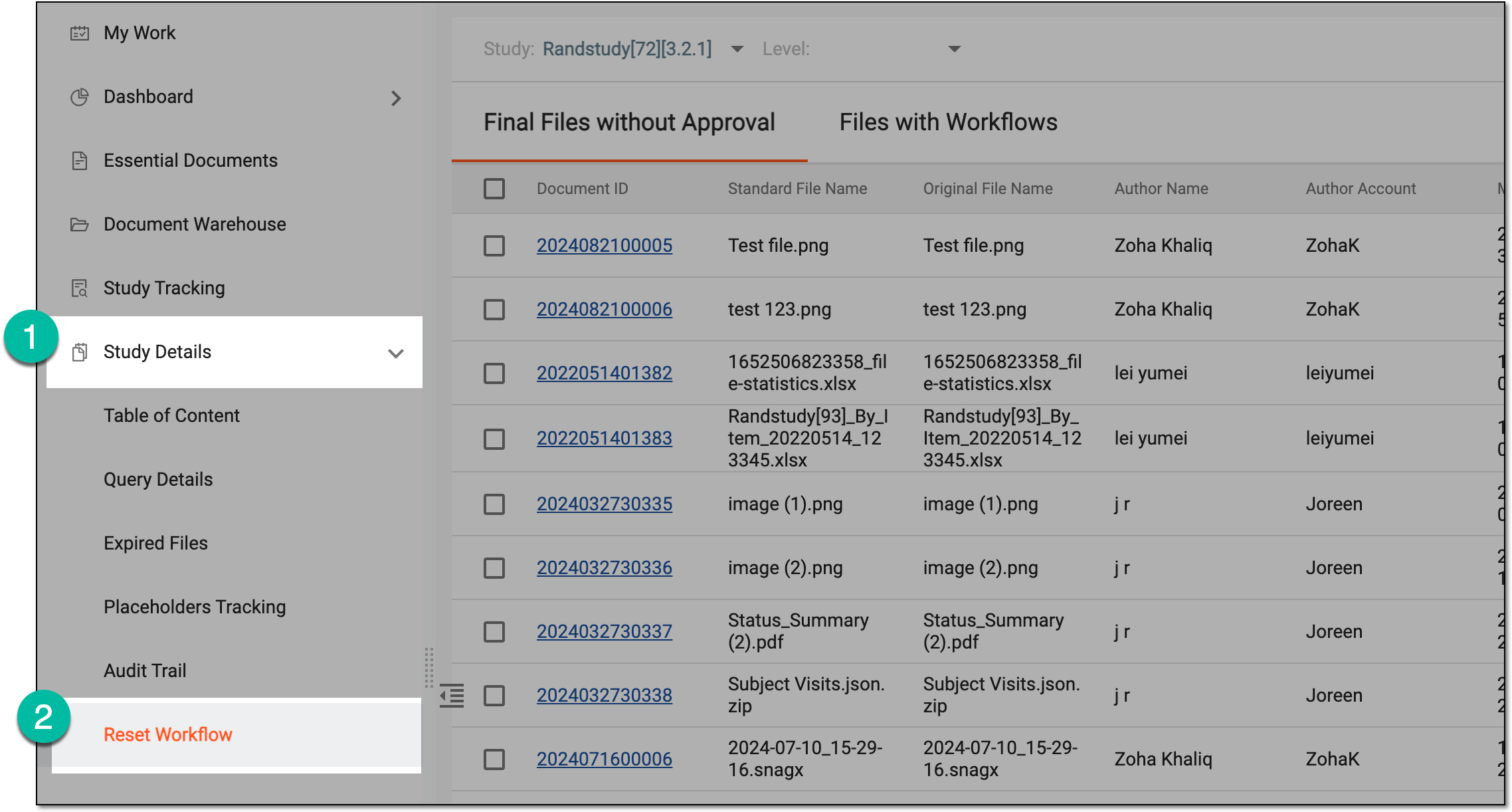 Accessing workflow reset