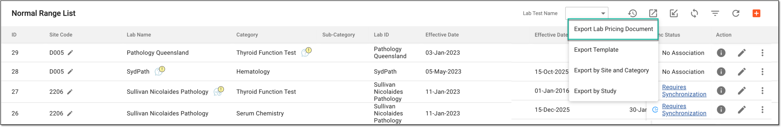 Selecting option to export lab pricing document
