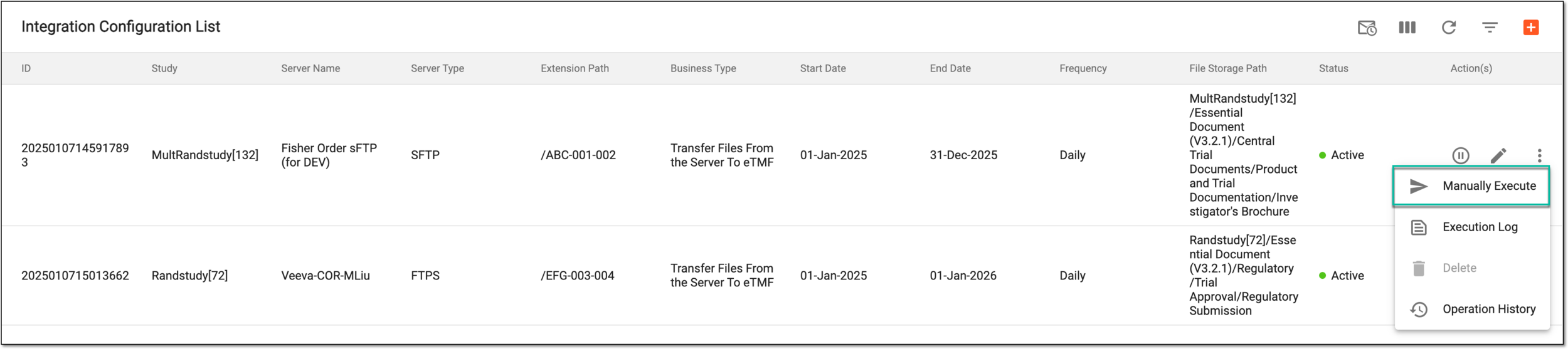 Selecting to manually execute file extraction