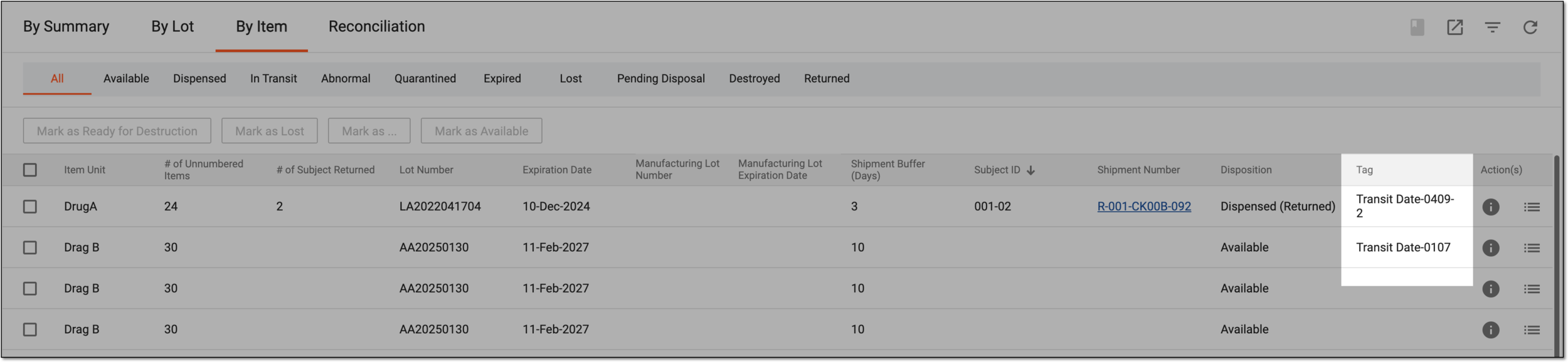 Item tags in inventory