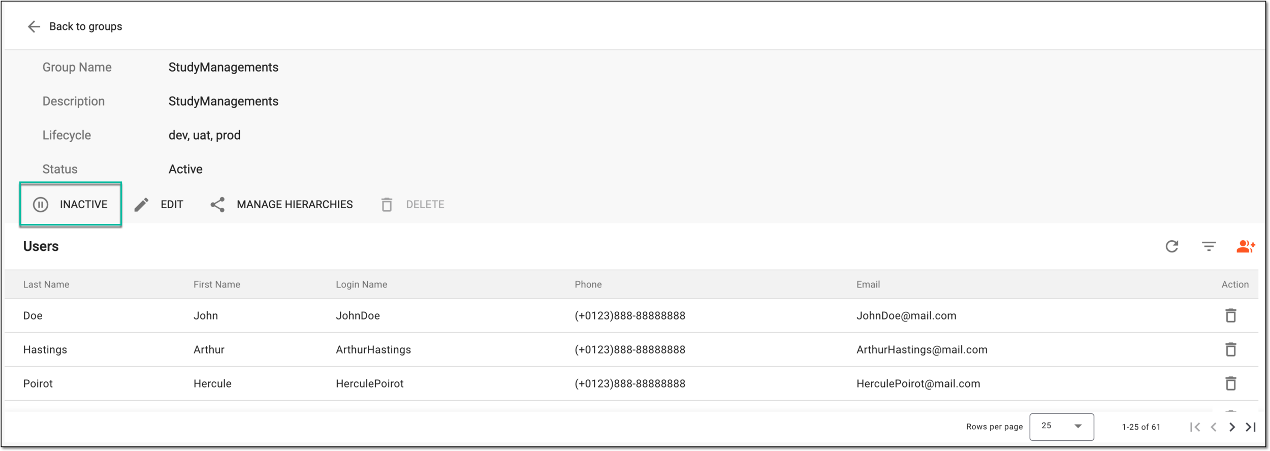 Inactivating user group from details page