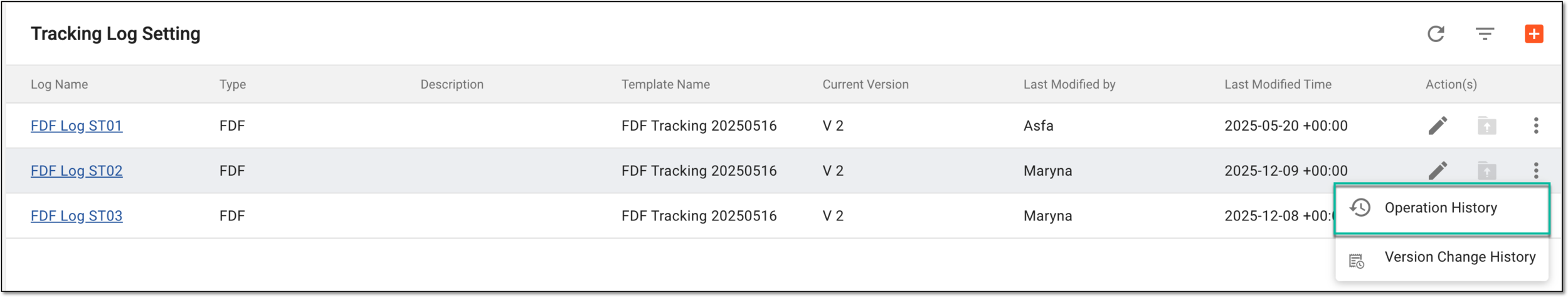 Accessing operation history for tracking log