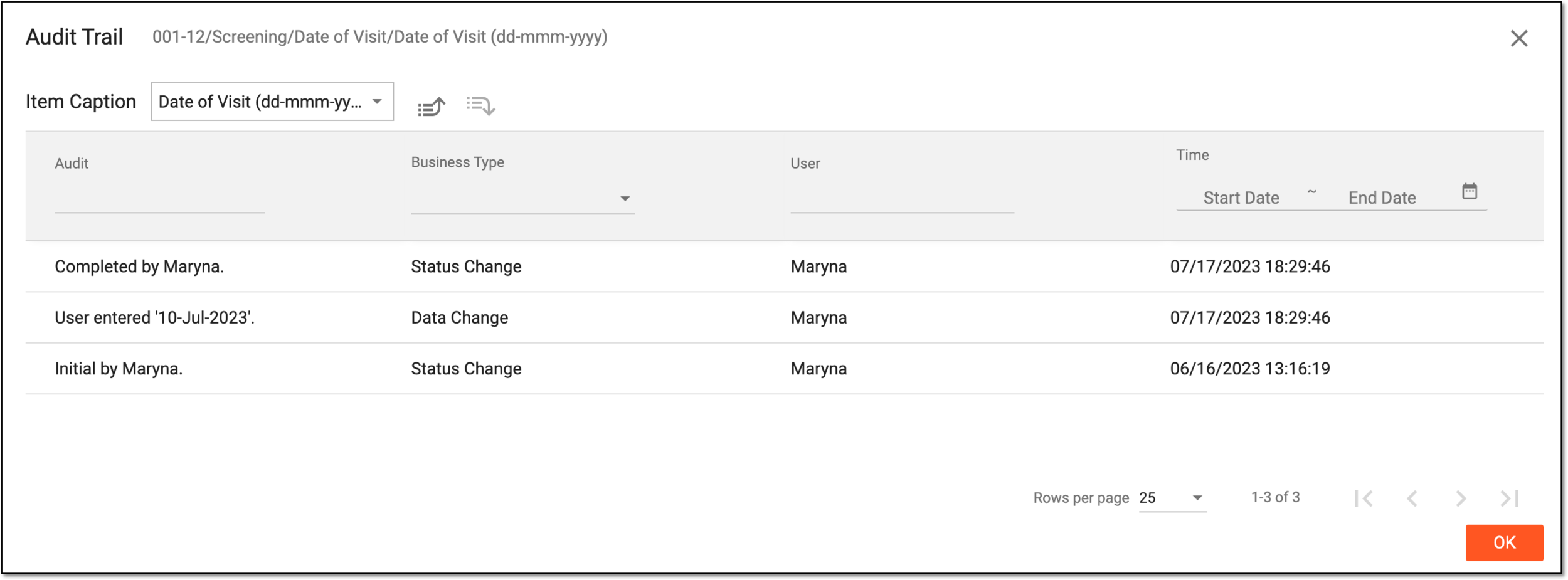 Viewing form item audit trail