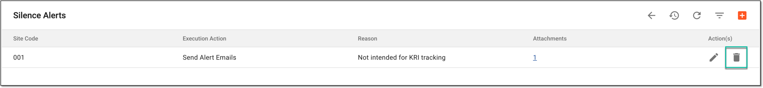 Selecting option to delete site from alert silencing list