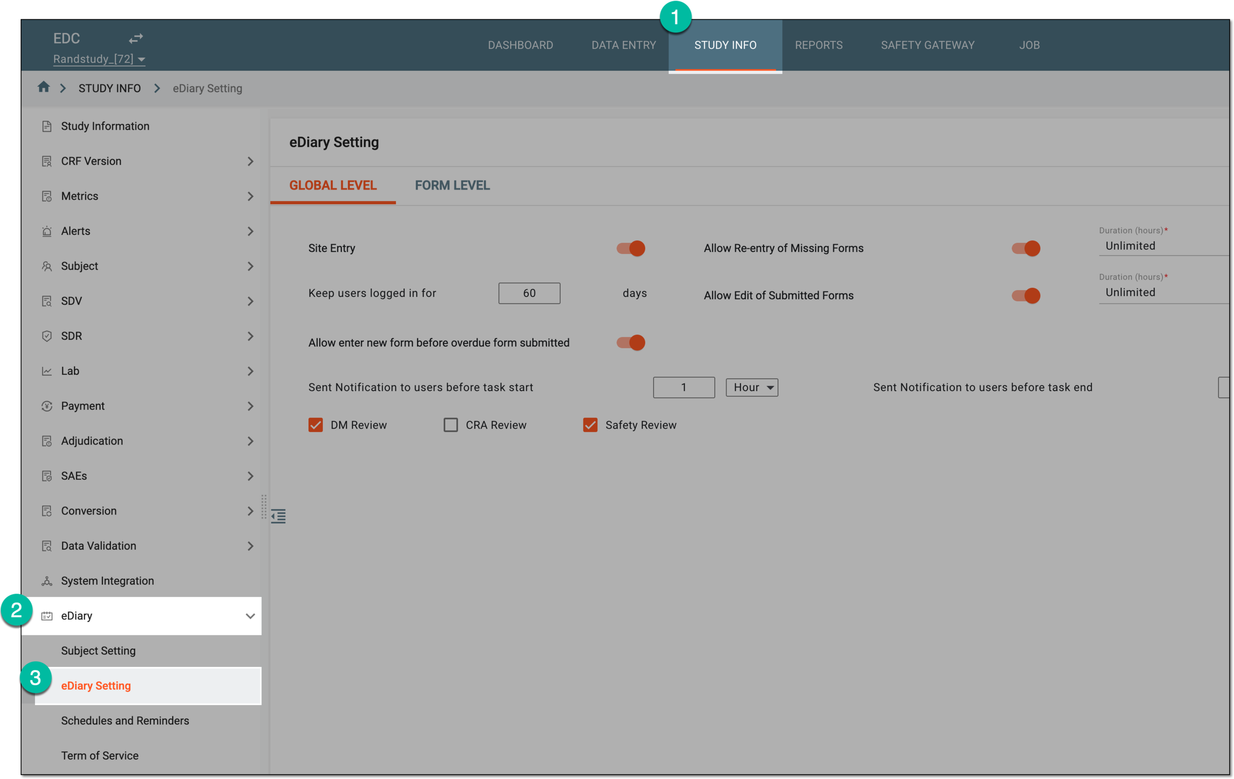 Accessing eDiary settings