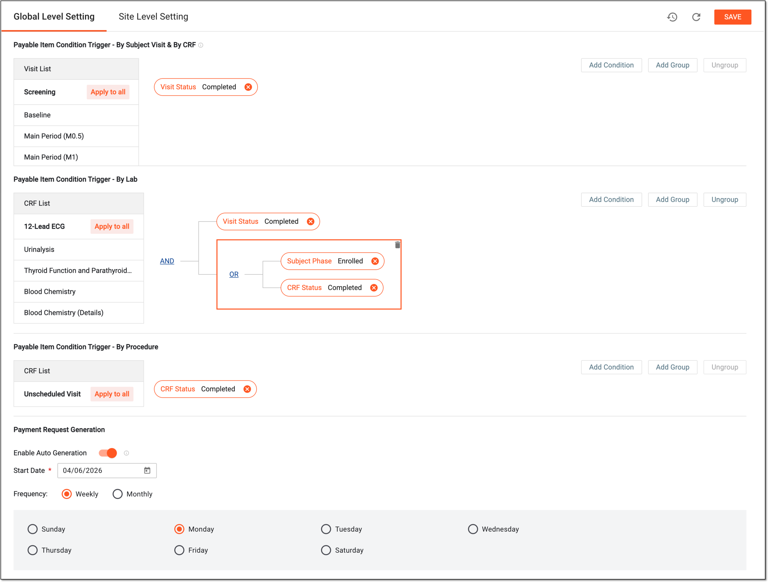 Configuring global-level payment triggers