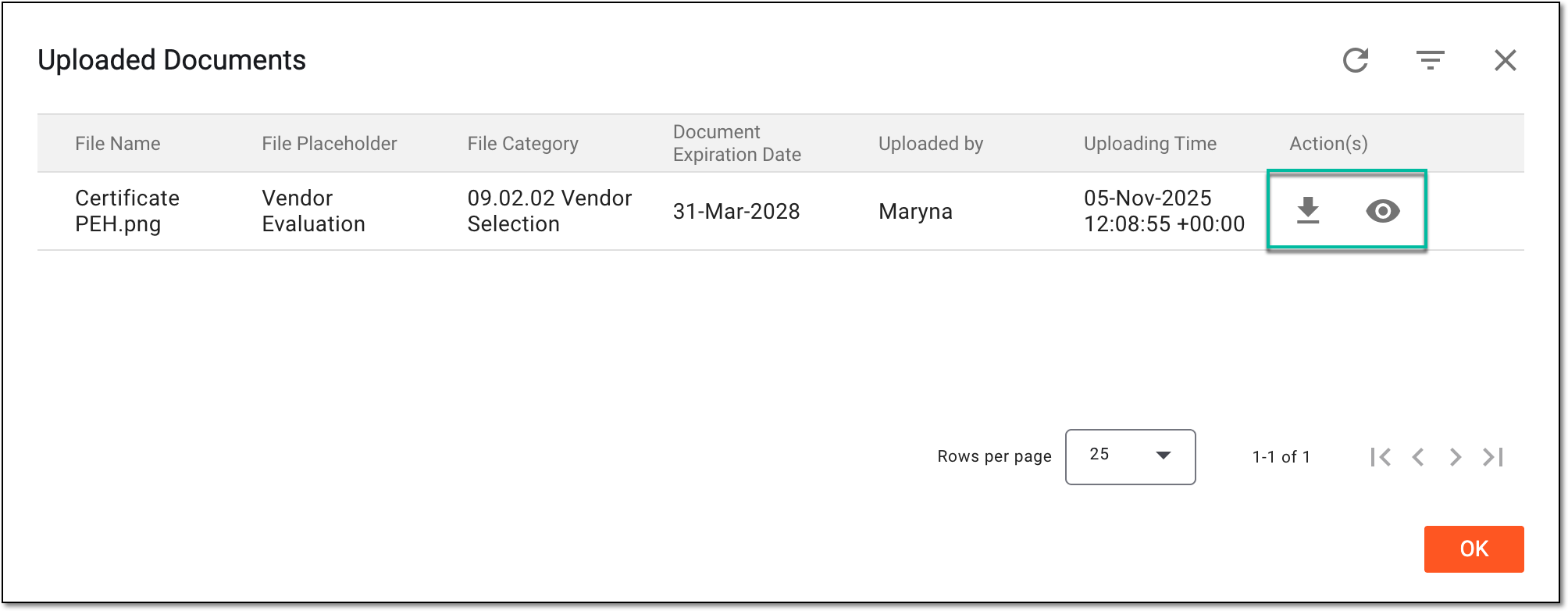 Selecting to download or preview documents for participating organization