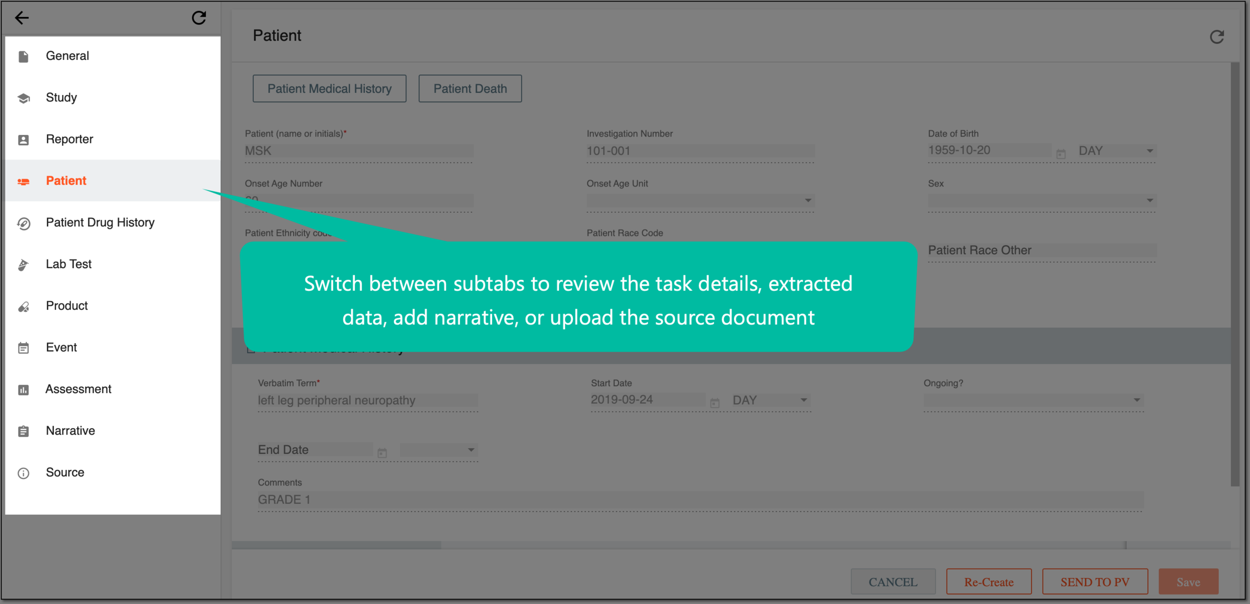 Selecting subtabs to review and manage extraction task details and data