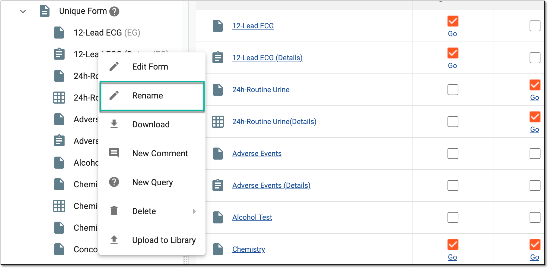 Selecting to rename unique form