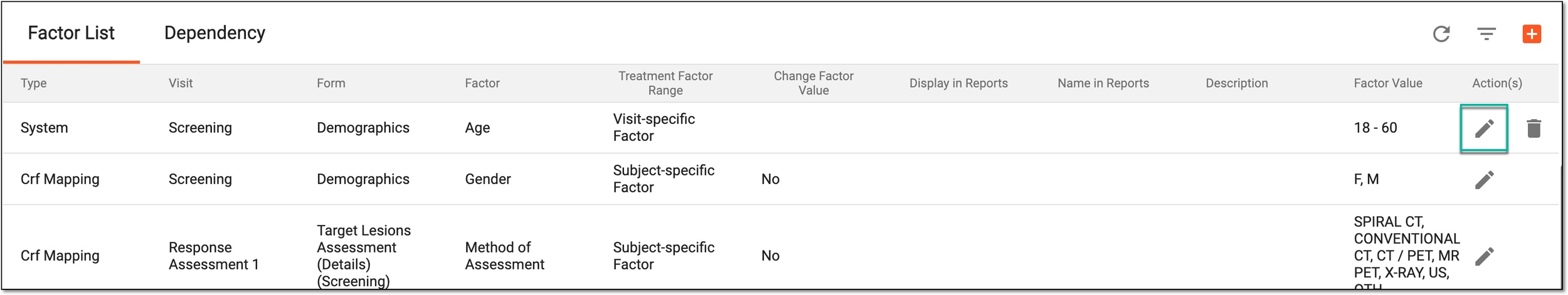 Selecting to edit factor