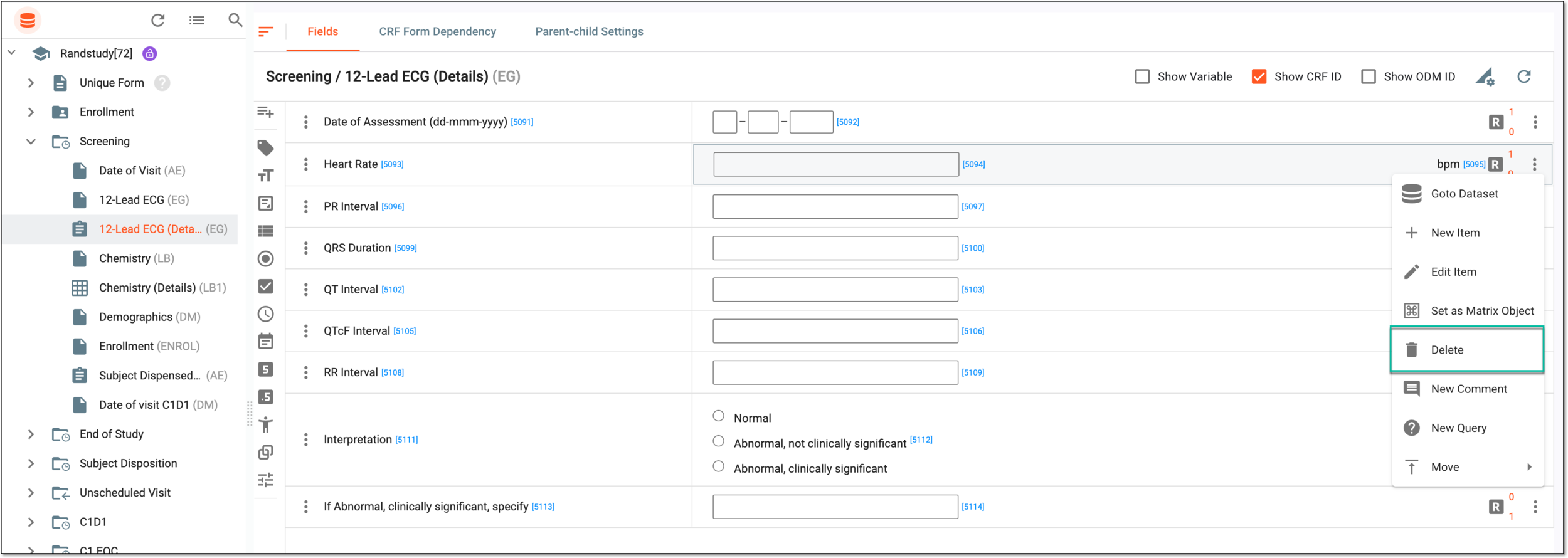 Selecting option to delete item