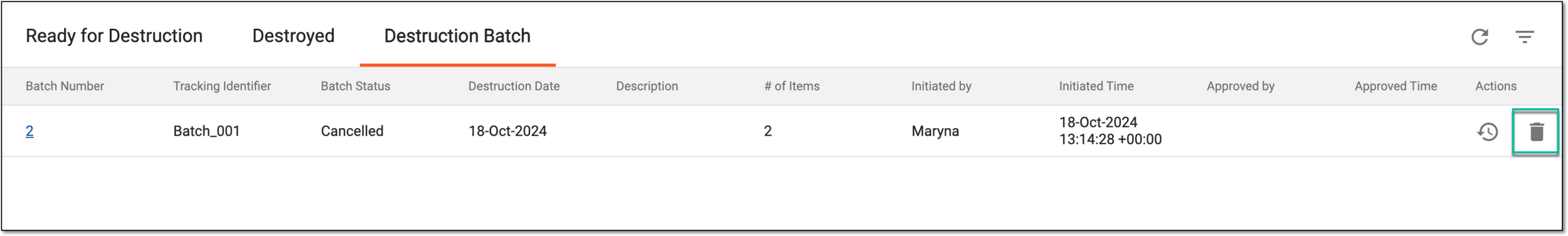 Deleting item destruction batch from list