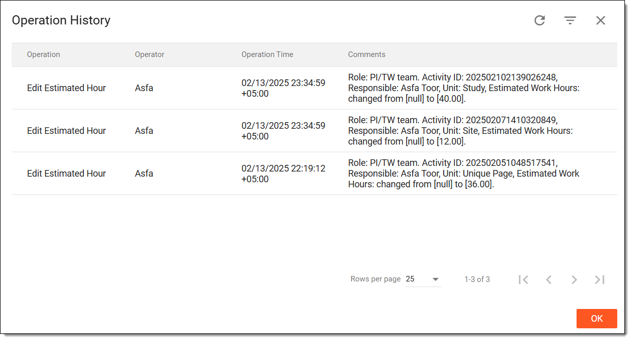 Viewing operation history of workload assessment