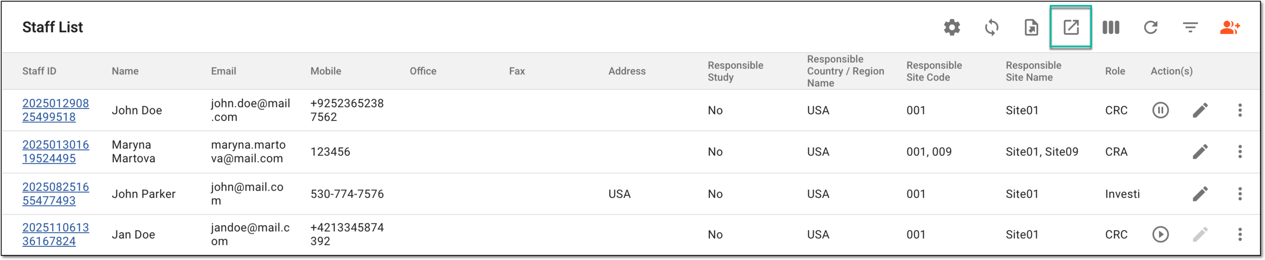 Accessing option to export staff list